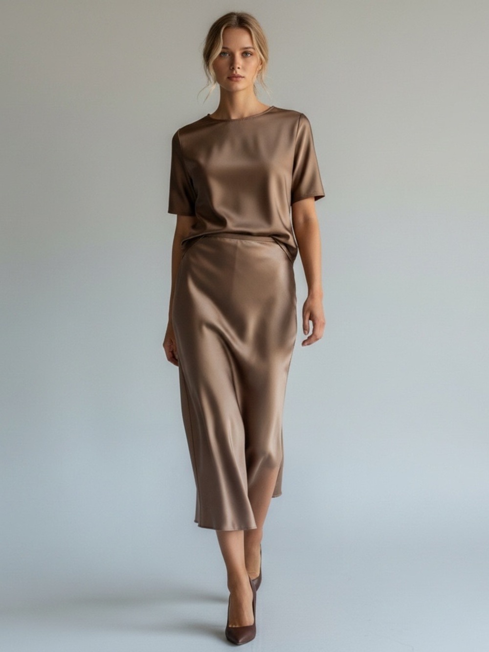 Satin Gold Midi Side Slip High Elastic Waist‎ Party Skirt XL Pull On Bias Cut